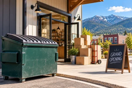 Dumpster rental in Walsenburg outside a new business storefront with moving boxes and supplies ready for opening day.