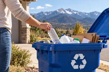 Residential recycling in Southern Colorado with a homeowner placing recyclable materials into a curbside recycling tote.
