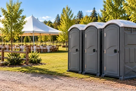 Three gray portable toilets at an outdoor event venue with a white tent, tables, and grassy surroundings.